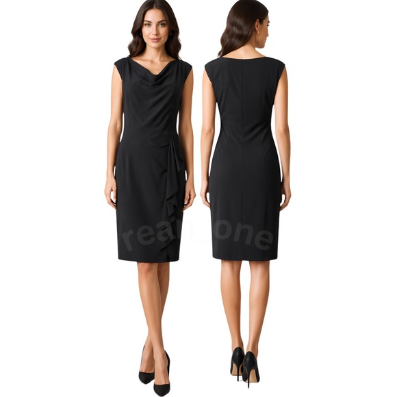 Evan-Picone Dresses & Skirts - Evan-Picone Women's Classic Black Cap Sleeves Drape Neckline Cocktail Dress Sz 8